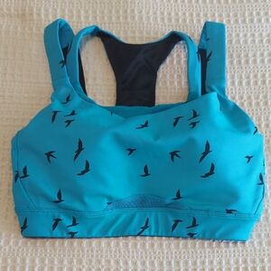 Oiselle Blue and Black Bikini Swim Top with Bird Print